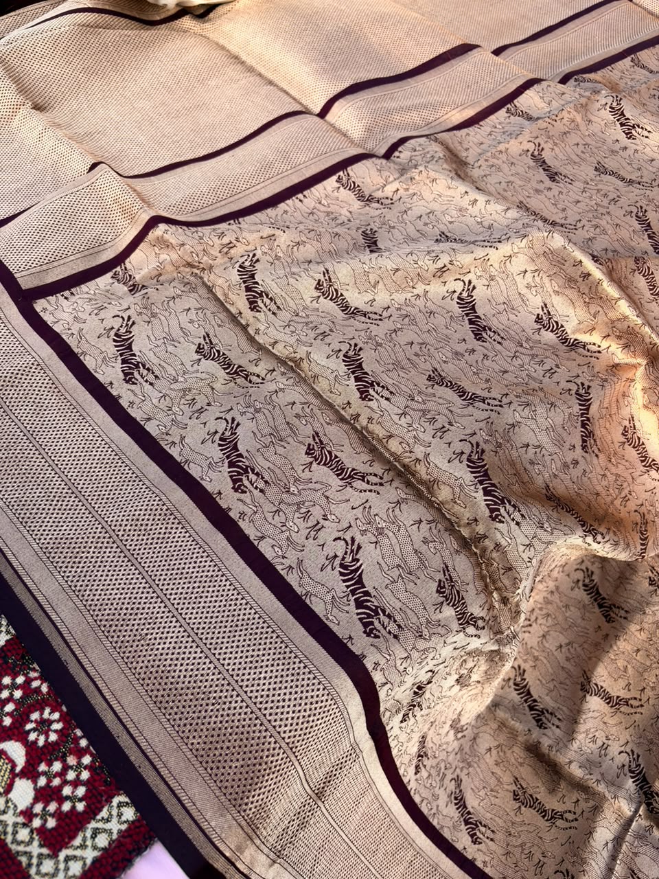Coffee Brown Shikargah Banarasi Pure Katan Silk Saree