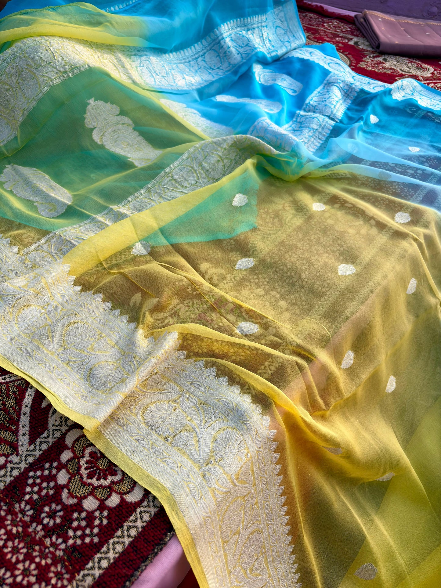 Mesmerizing Lemon Yellow & Light Blue Pure Khaddi Georgette Saree