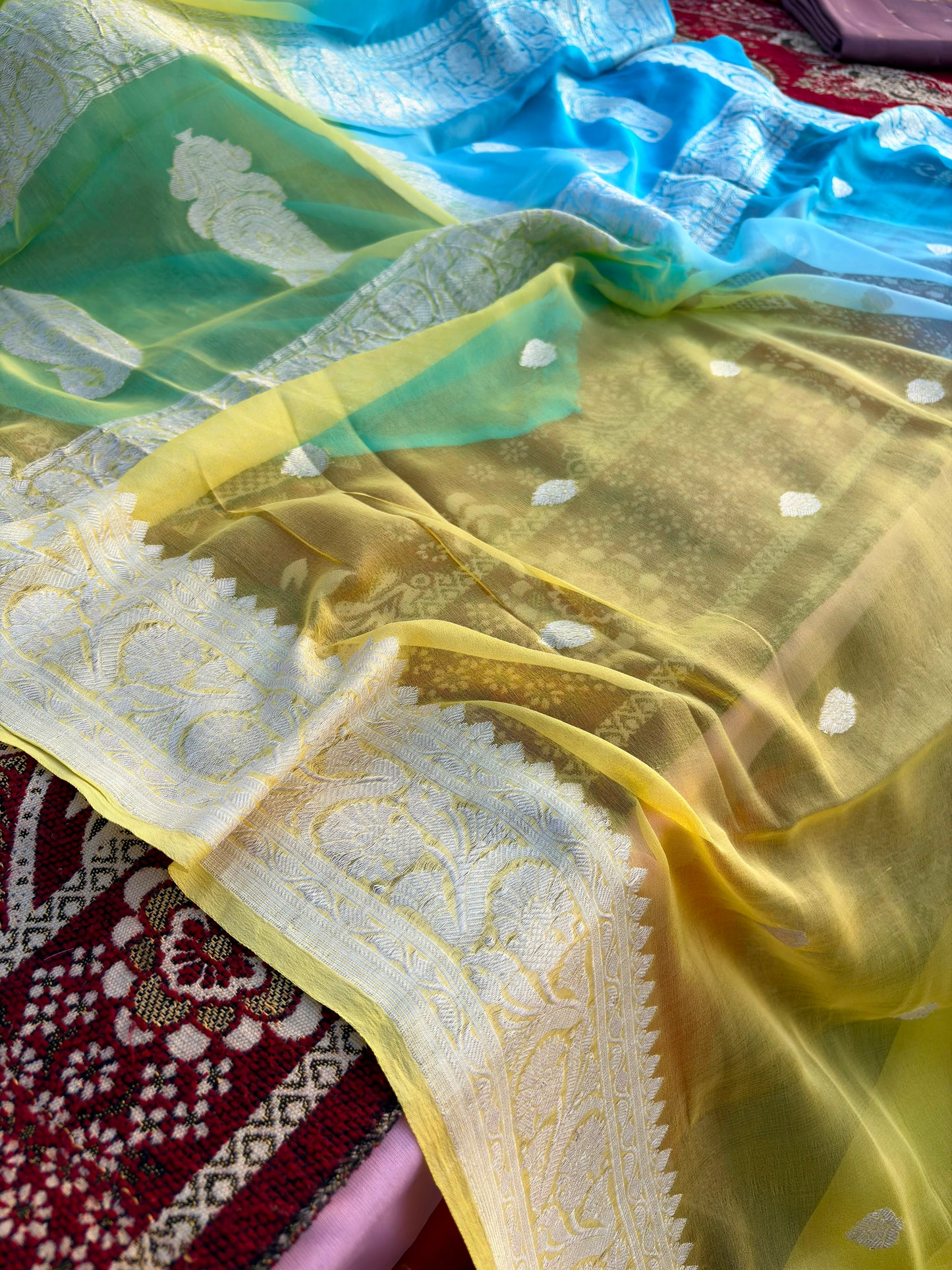Mesmerizing Lemon Yellow & Light Blue Pure Khaddi Georgette Saree