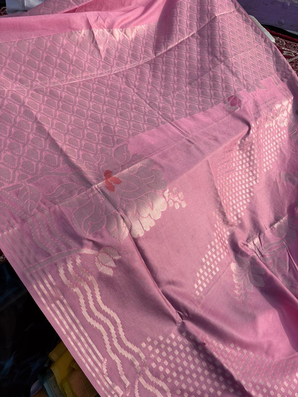 Designer Raw Mango Silk Saree | Nude Baby Pink | Stripe Border & Big Flower Design