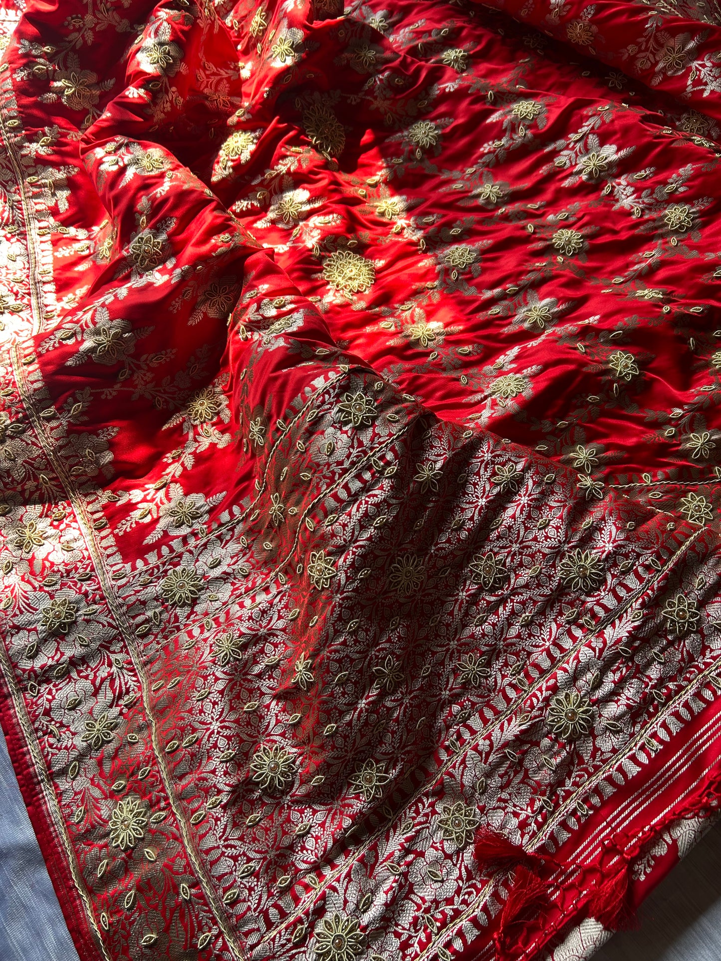 Lal Mirchi Red Zardozi Hand Work Saree | Floral Jall Mashru Satin Silk