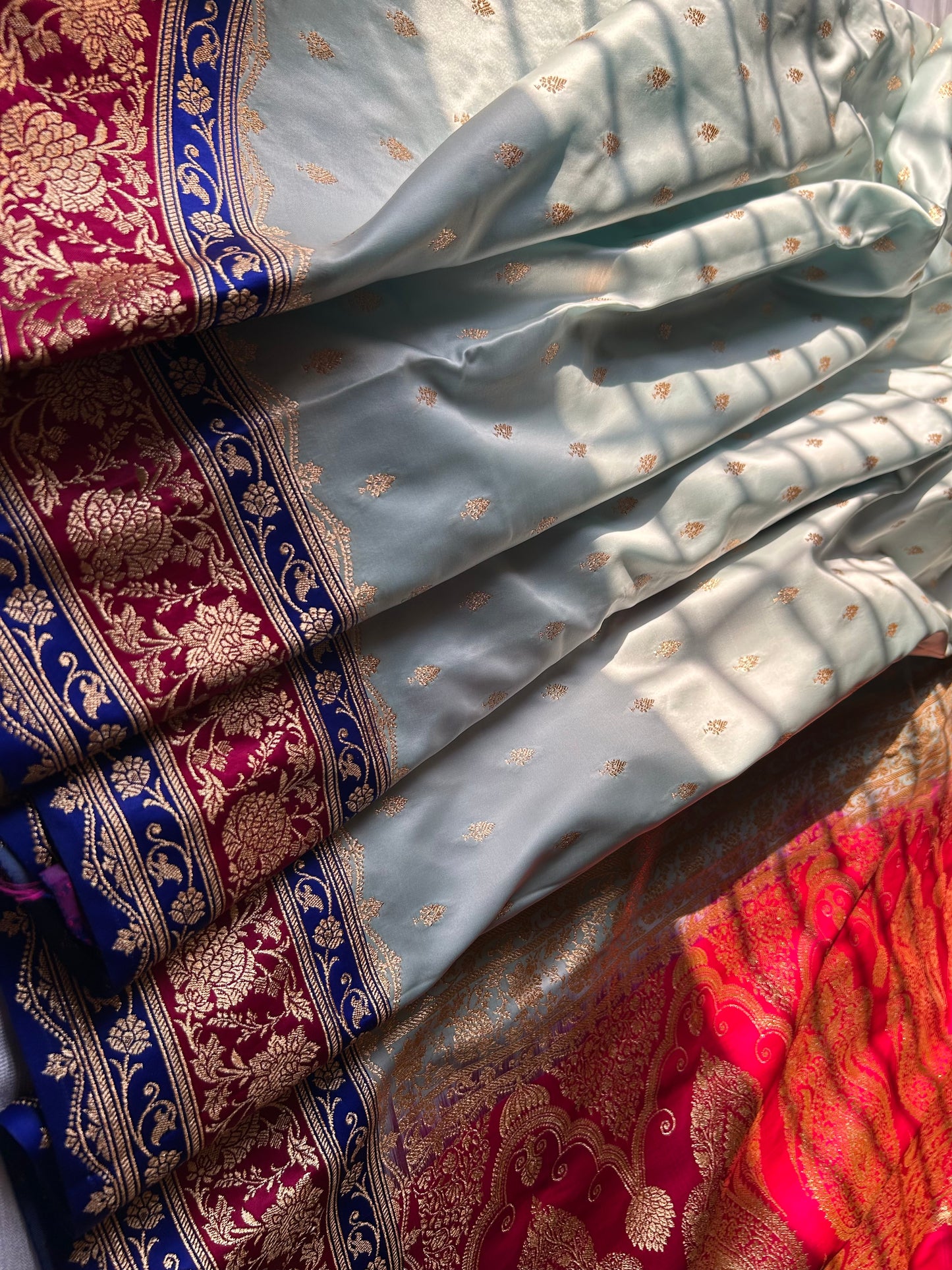 3D Dye Ice Blue Satin Katan Saree with Brocade Zari Blouse