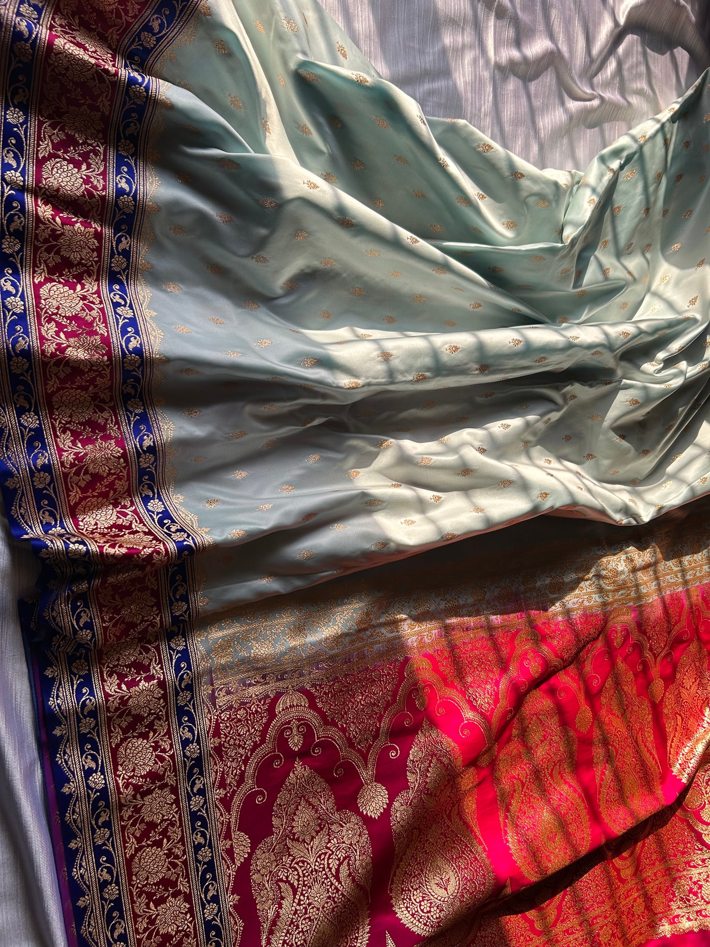3D Dye Ice Blue Satin Katan Saree with Brocade Zari Blouse