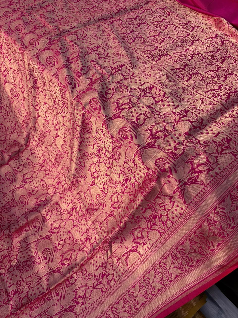 Shikargah Pichwai Hot Pink Pure Katan Silk Saree | Peacock Border | Banarasi Handloom