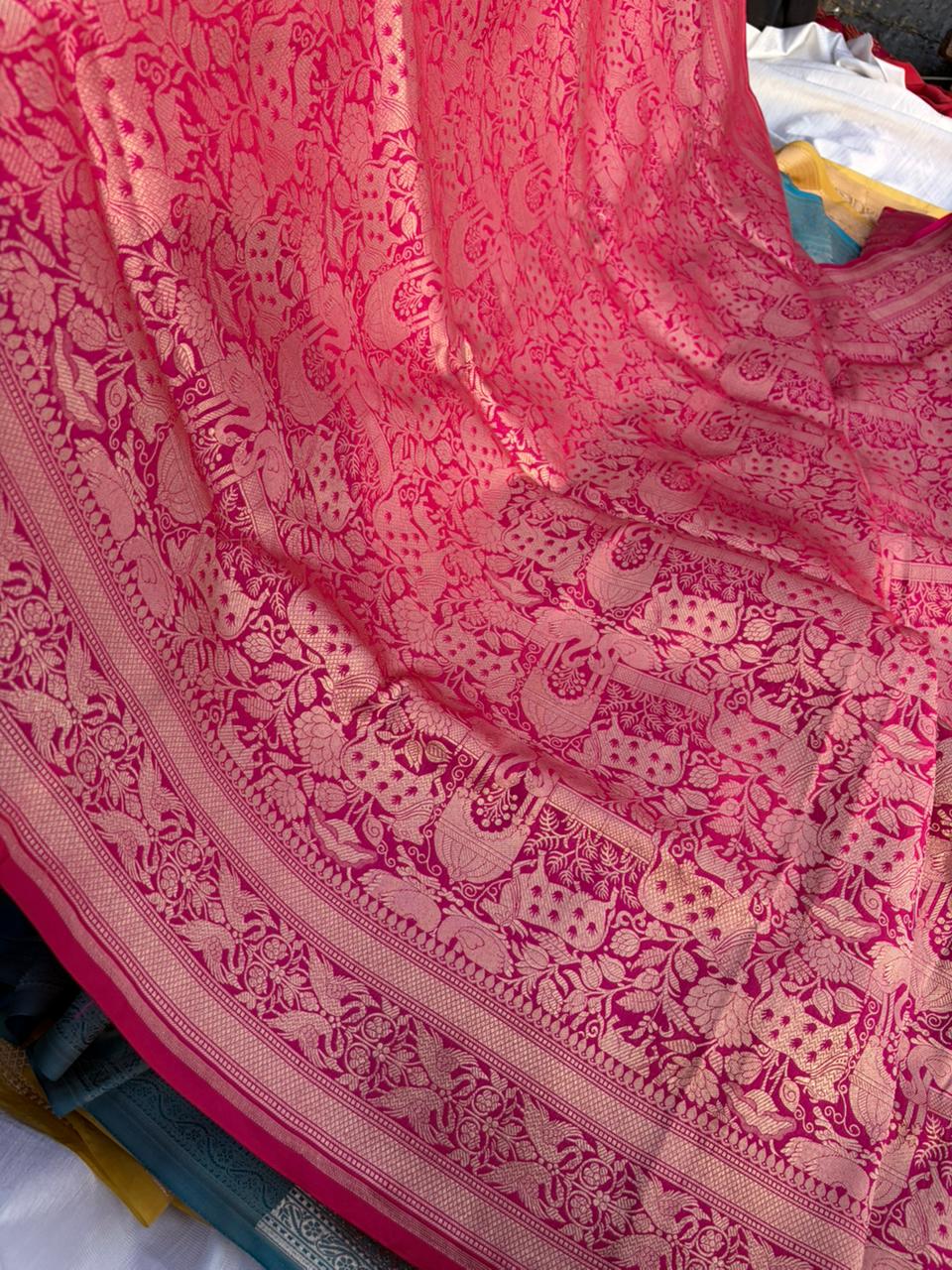 Shikargah Pichwai Hot Pink Pure Katan Silk Saree | Peacock Border | Banarasi Handloom