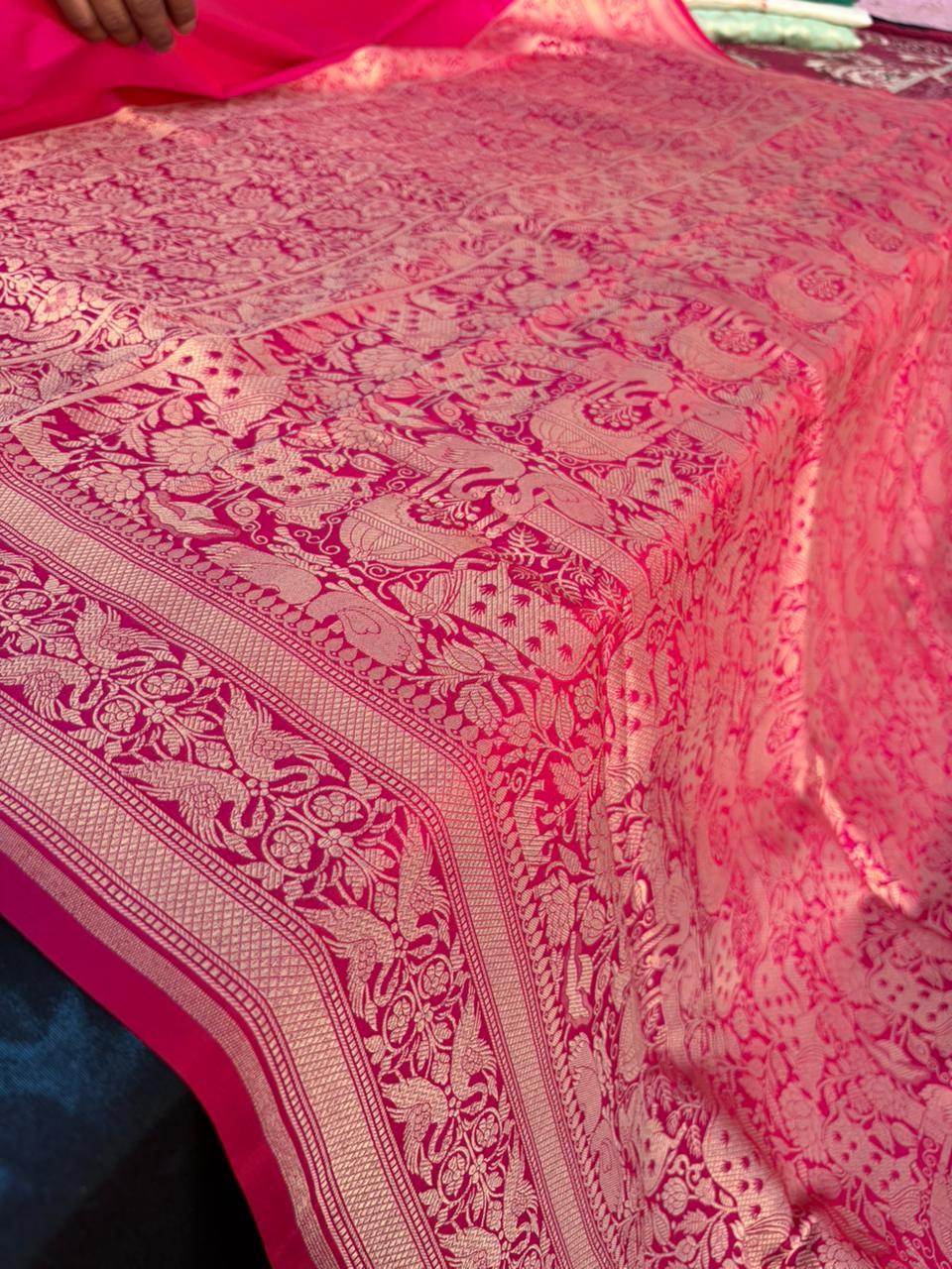 Shikargah Pichwai Hot Pink Pure Katan Silk Saree | Peacock Border | Banarasi Handloom