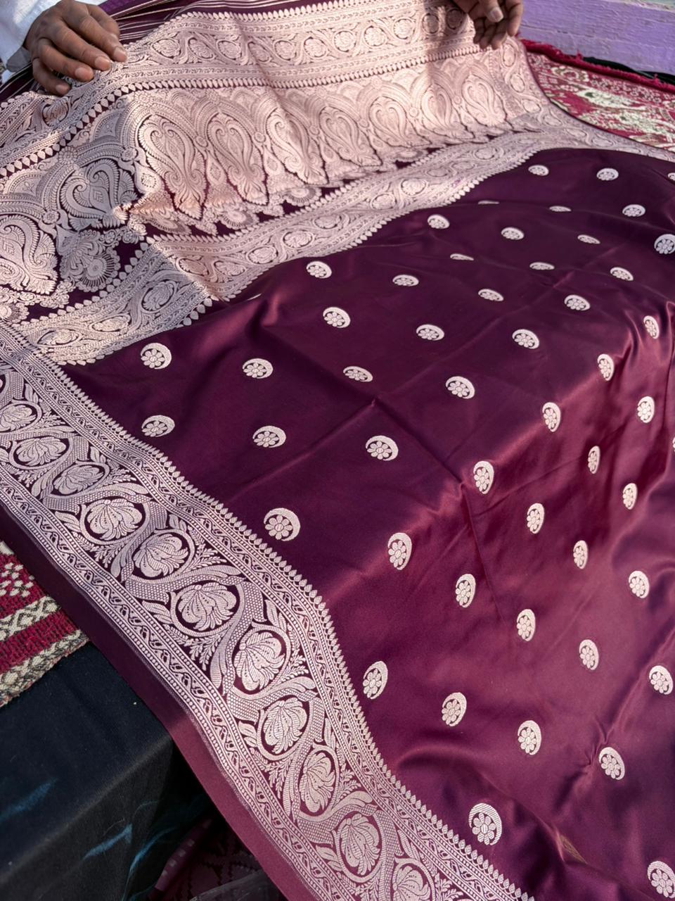 Sonakshi Sinha Inspired Mashru Katan Silk Saree | Chand Butti | Purple Wine