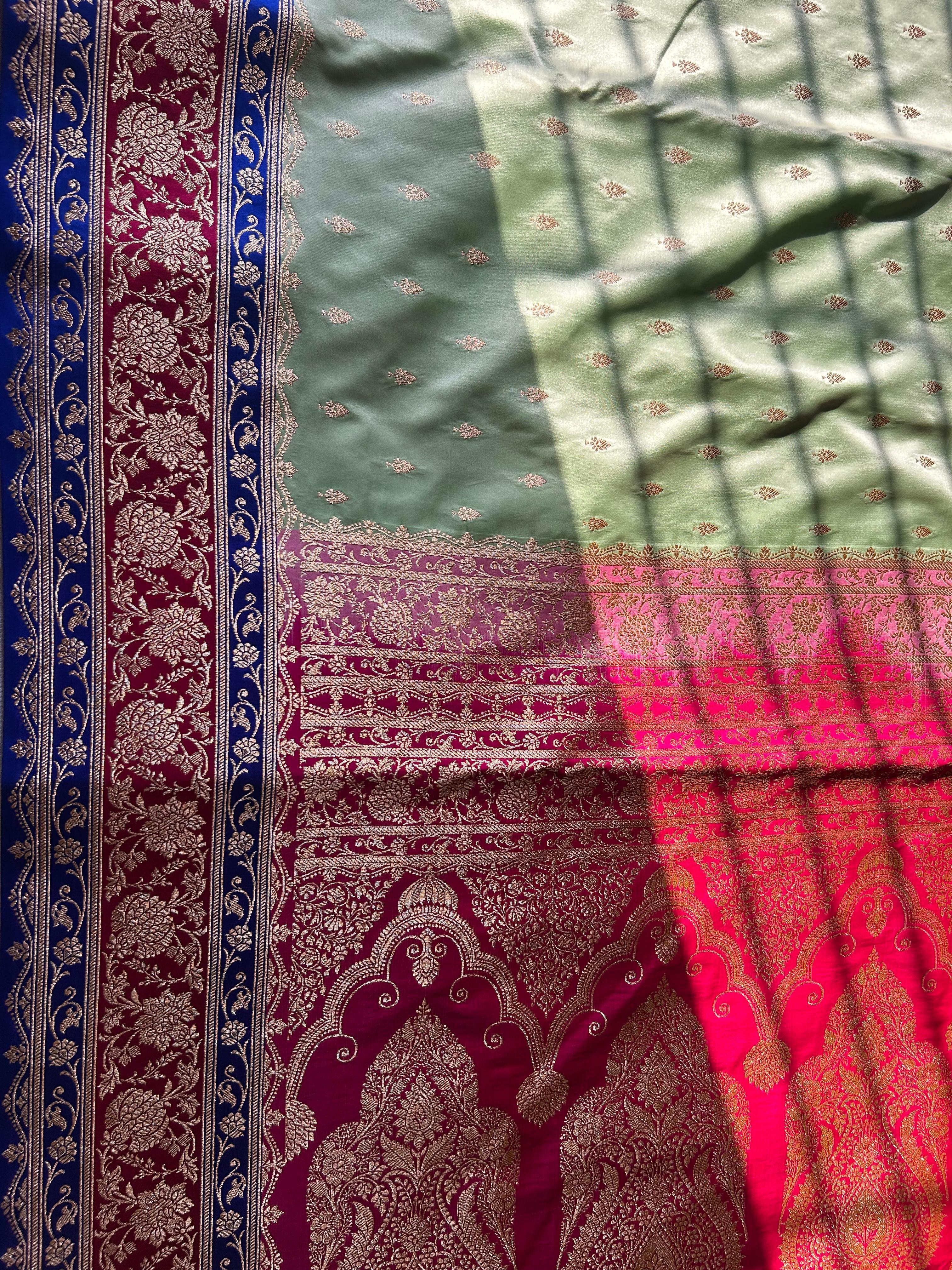 3D Dye Parrot Green Katan Silk Saree – Traditional Buti with Golden Pink Blouse