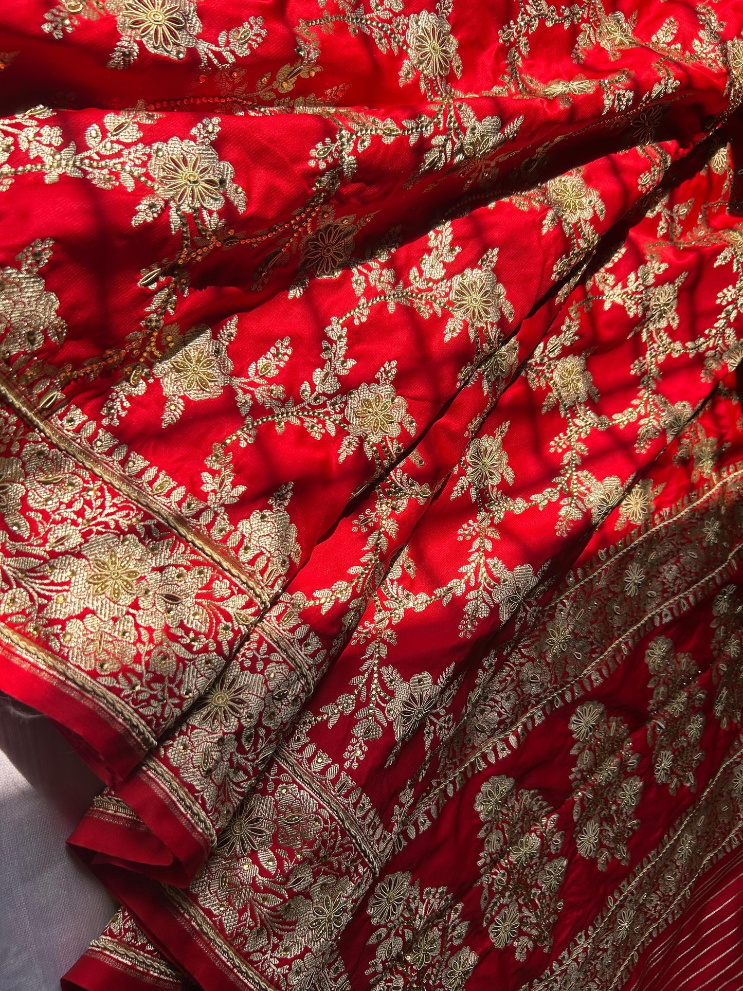 Red Bridal Zardozi Saree | Luxurious Mashru Silk with Copper Zari ✨