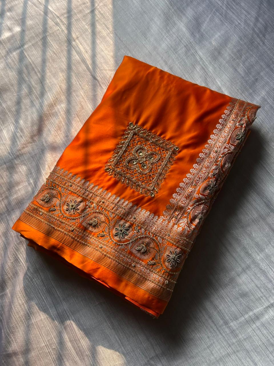 Hand Zardozi Fanta Orange Premium Mashru Katan Silk Saree