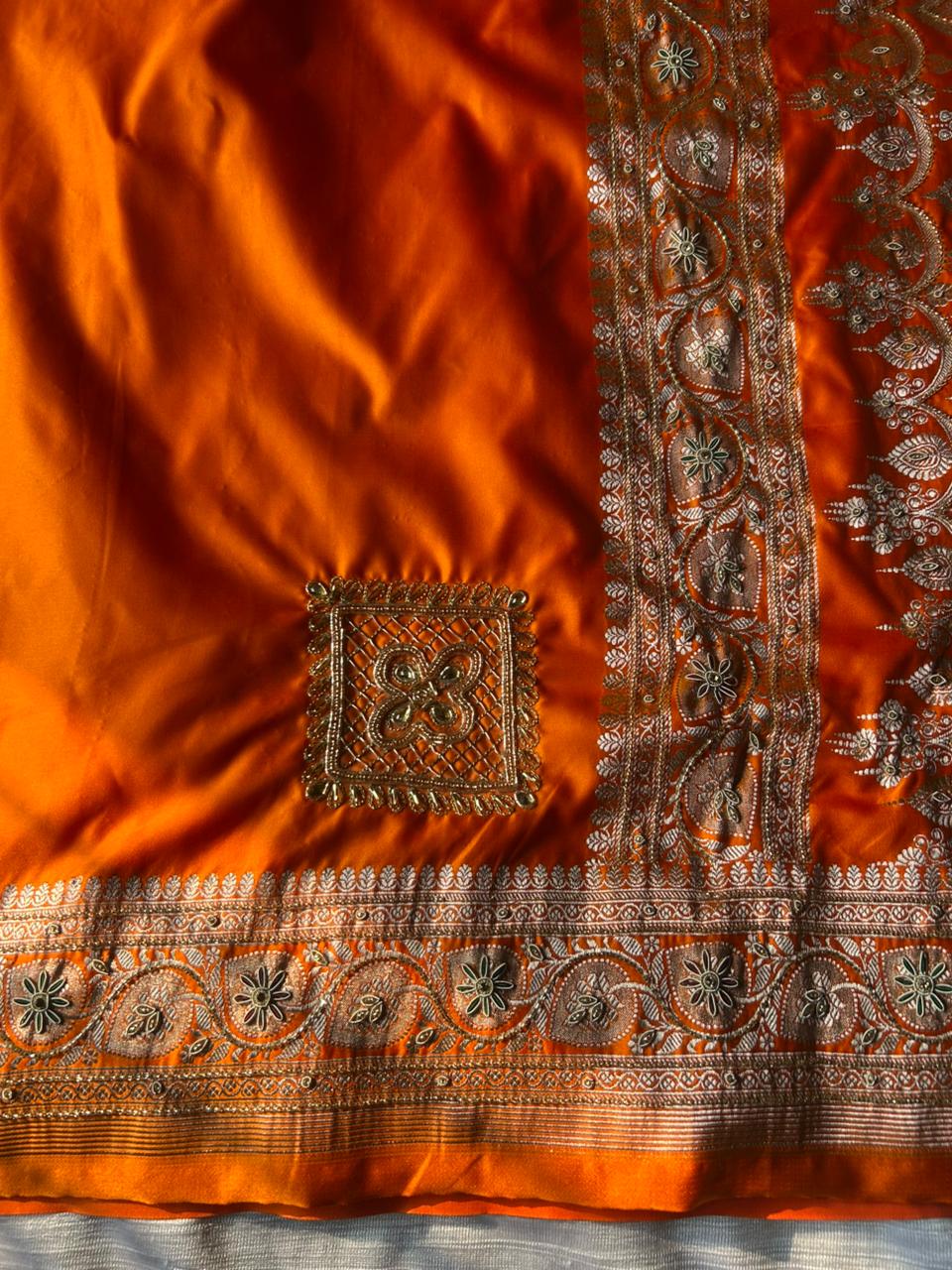 Hand Zardozi Fanta Orange Premium Mashru Katan Silk Saree