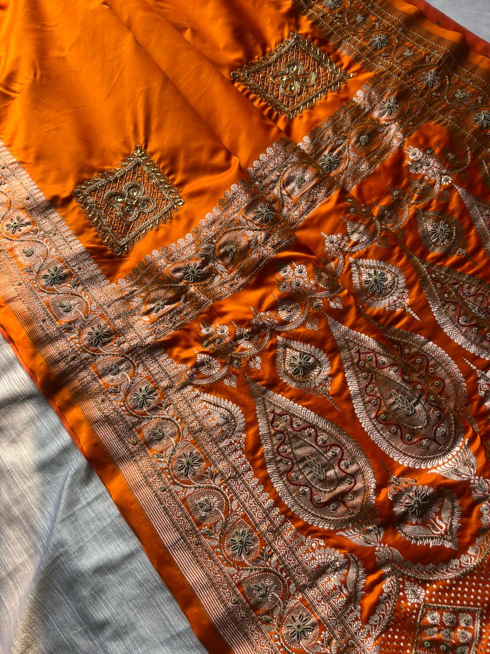 Hand Zardozi Fanta Orange Premium Mashru Katan Silk Saree