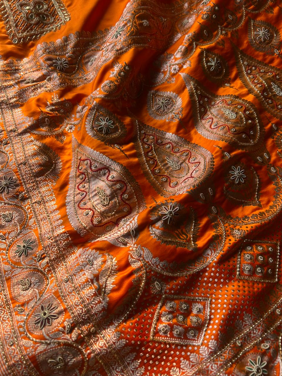 Hand Zardozi Fanta Orange Premium Mashru Katan Silk Saree