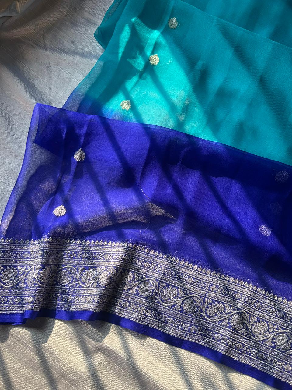 Rare Royal & Light Blue Dual-Tone Pure Georgette Saree | Real Silver Zari