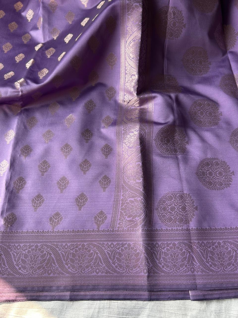 Lavender Satin Silk Saree with Copper Gold Zari | Floral Border & Heavy Brocade Blouse