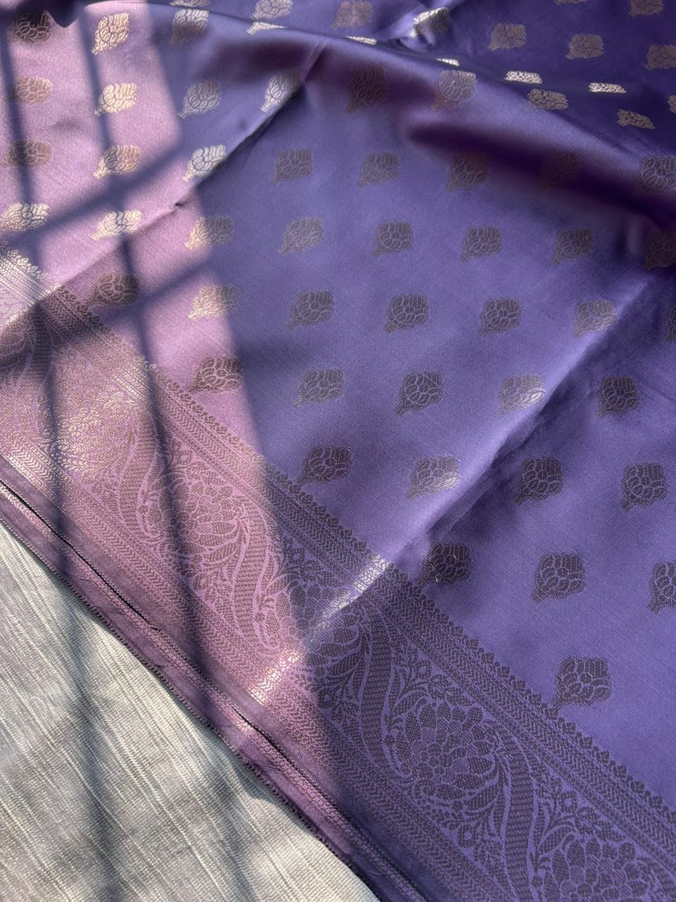 Lavender Satin Silk Saree with Copper Gold Zari | Floral Border & Heavy Brocade Blouse