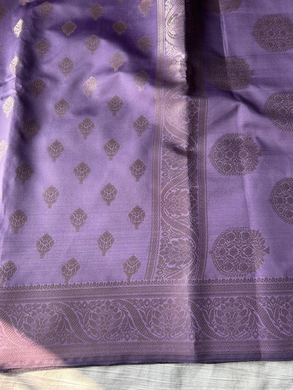 Lavender Satin Silk Saree with Copper Gold Zari | Floral Border & Heavy Brocade Blouse