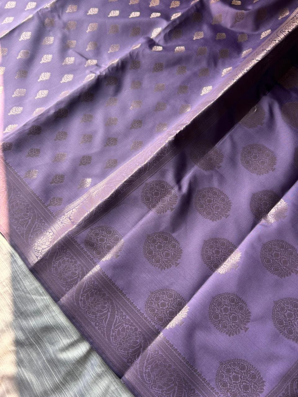 Lavender Satin Silk Saree with Copper Gold Zari | Floral Border & Heavy Brocade Blouse