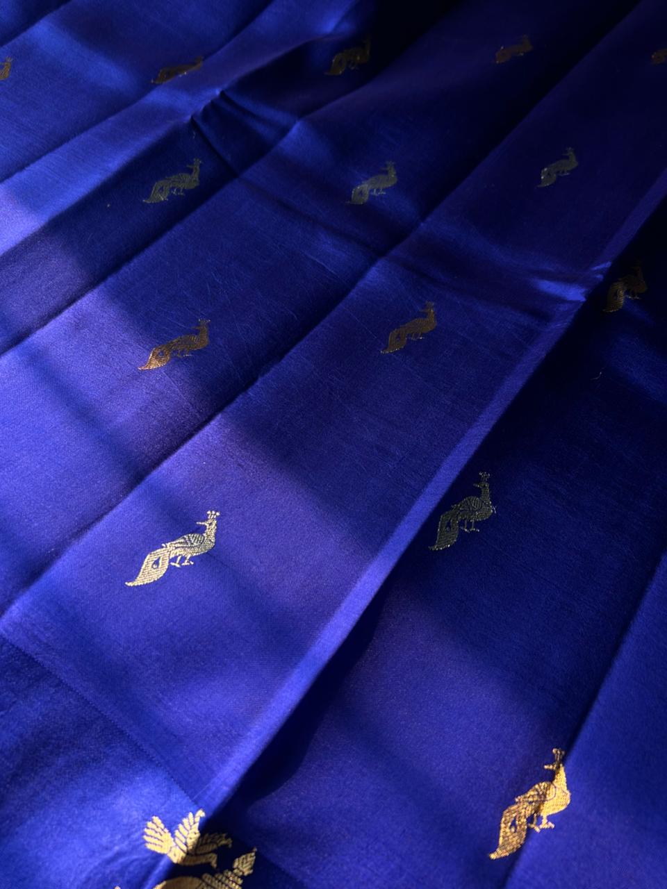 Royal Blue Handspun Banarasi Silk Saree | Real Sona Rupa Zari with Peacock Motifs