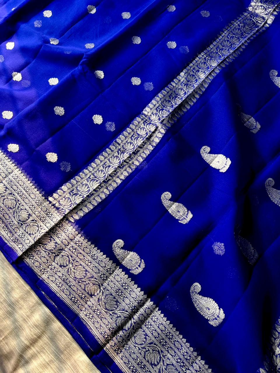 Royal Blue Pure Khadi Georgette Handloom Saree | Real Silver Zari | Butter-Soft "Ring Test" Saree