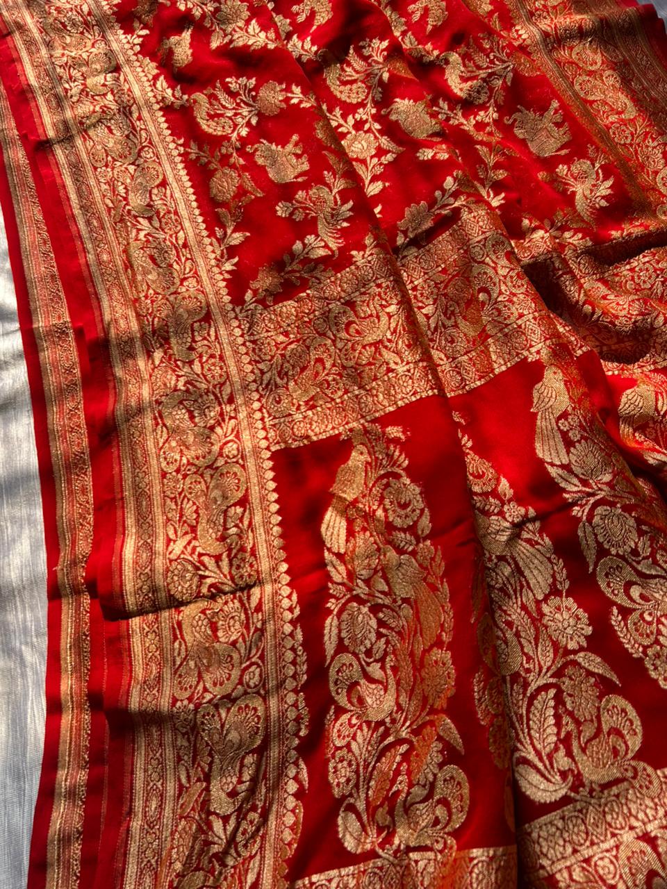 Pure Red Khadi Georgette Banarasi Shikargah Saree | Soft & Lightweight Handloom Silk