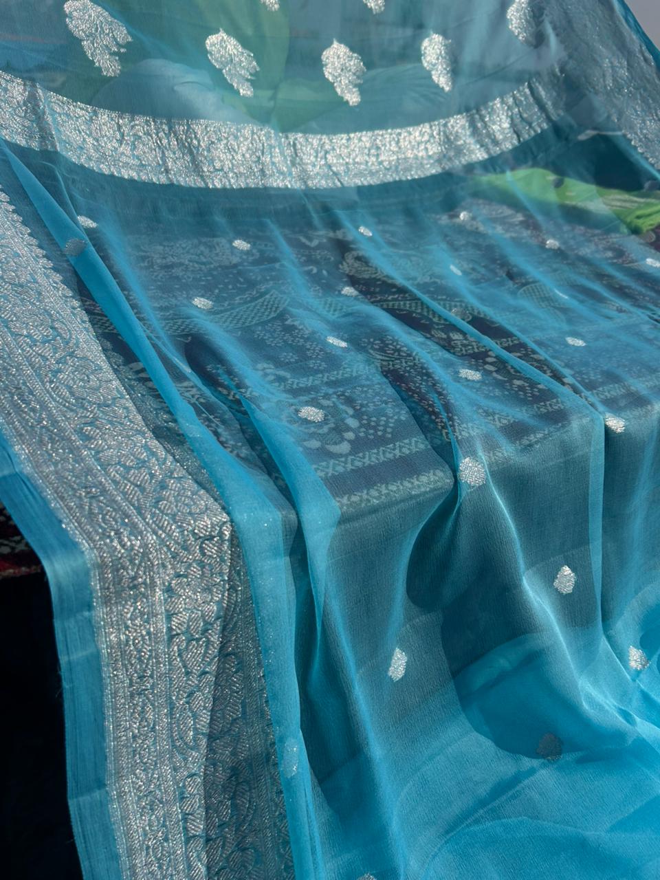 Ice Blue 100% Pure Khadi Georgette Saree | Real Silver Zari | 300g Premium Handmade