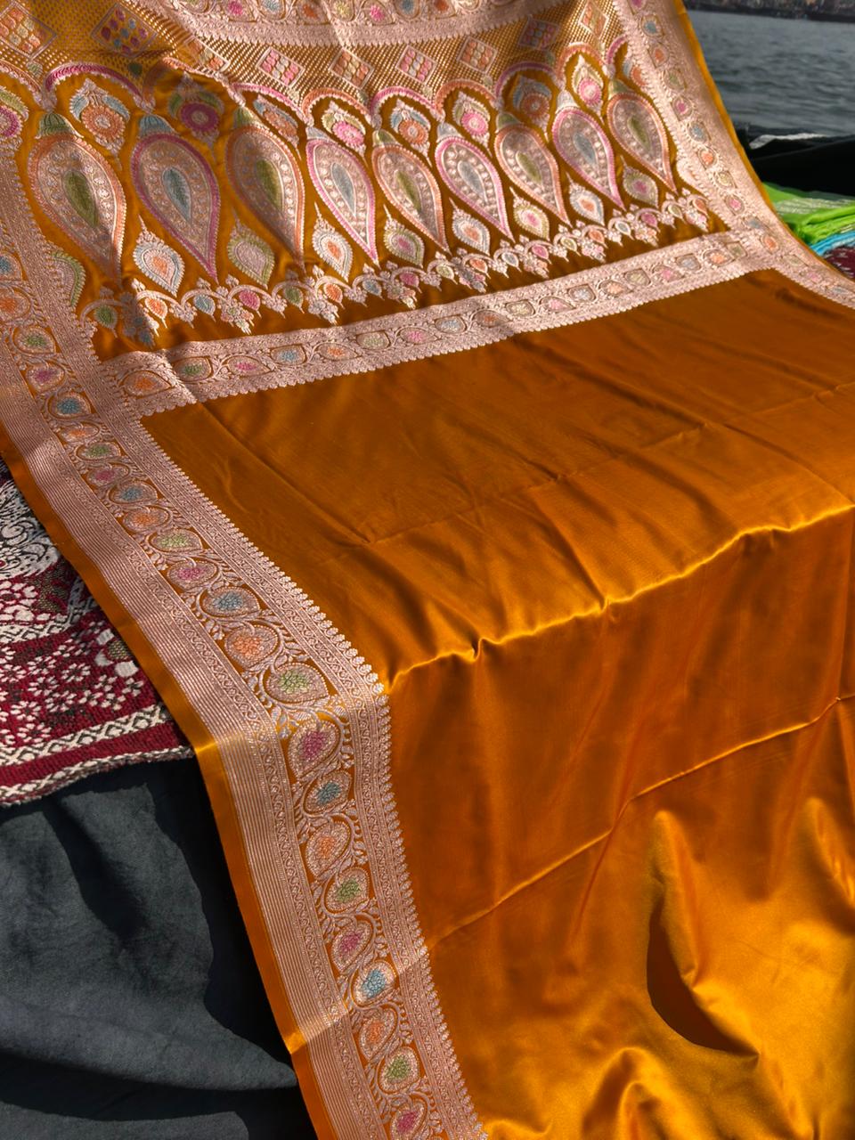 Orange Mustard Yellow Mashru Silk Meenakari Handcrafted Saree | Premium Hath Rang Work