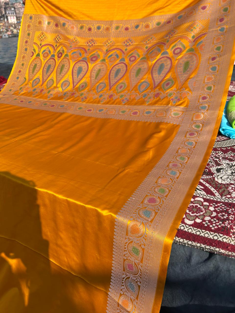 Orange Mustard Yellow Mashru Silk Meenakari Handcrafted Saree | Premium Hath Rang Work