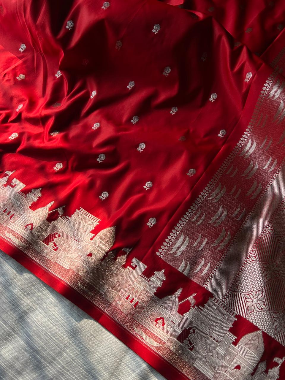 Chilli Red Mashru Silk Banaras Ghat Saree | Double Side Ghat Border | Traditional Butti Design