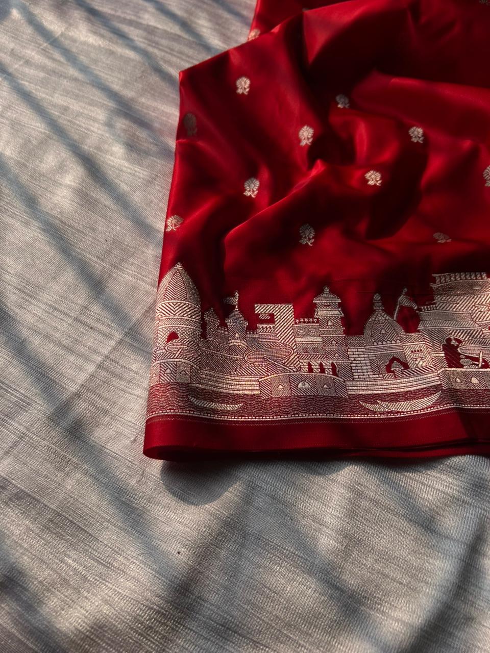 Chilli Red Mashru Silk Banaras Ghat Saree | Double Side Ghat Border | Traditional Butti Design