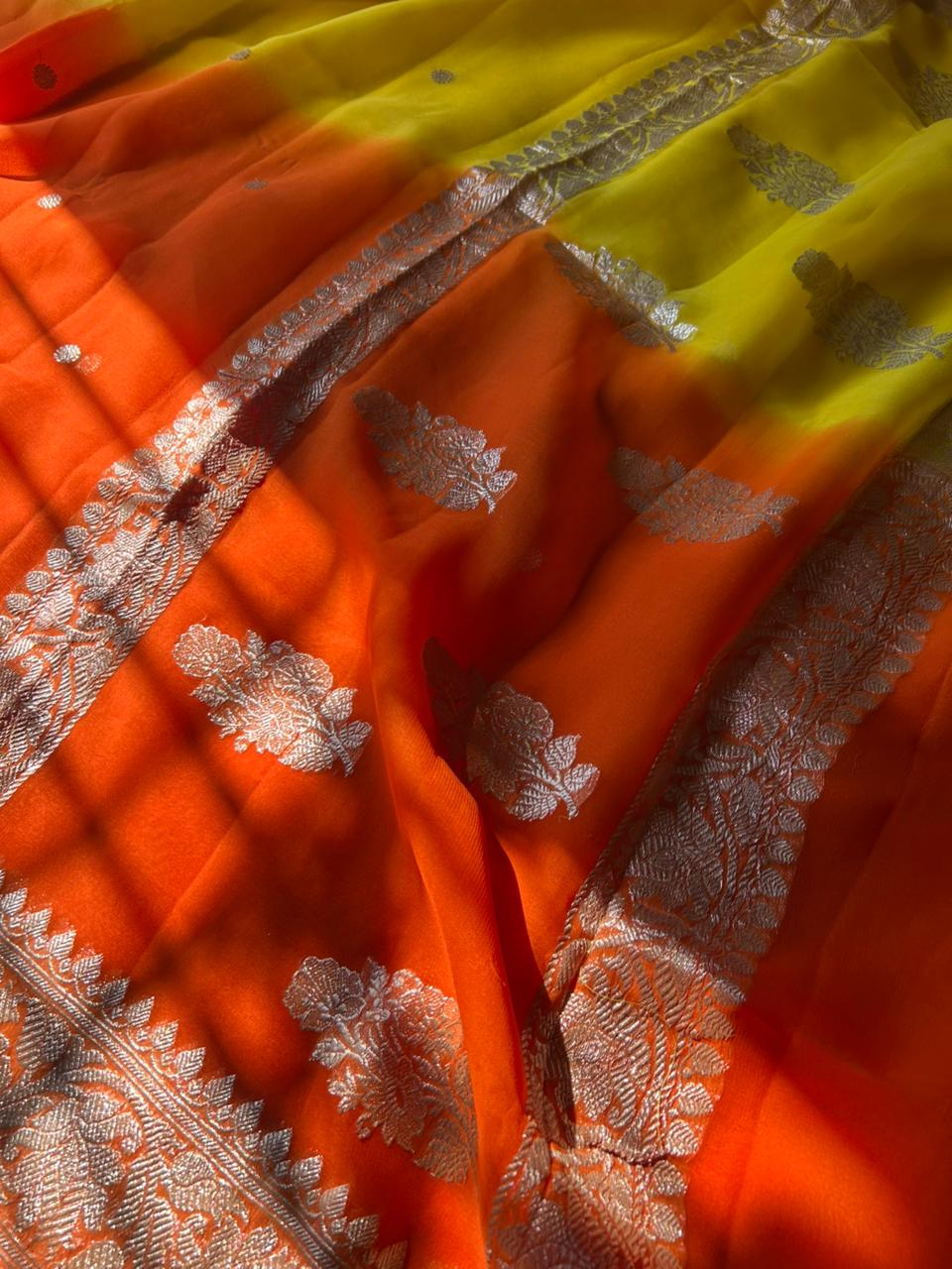 Ganga Jamuna Khadi Georgette Handloom Saree with Real Zari Weaving | Sunset Orange-Yellow Half & Half Saree