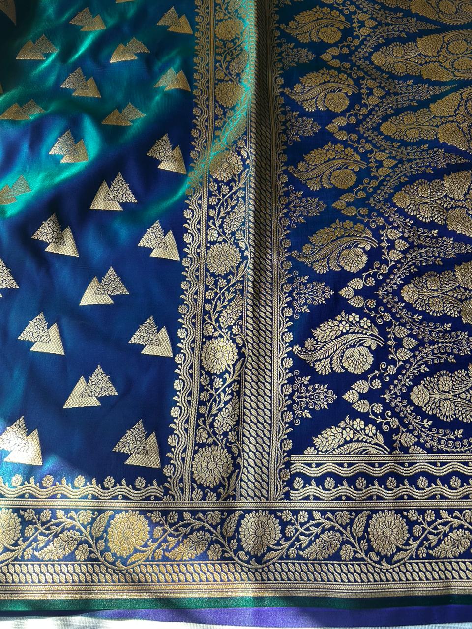 Morni Blue Dual Shade Satin Silk Saree with Geometrical Triangle Design | Peacock Blue Dhoop-Chaon Party Wear Saree