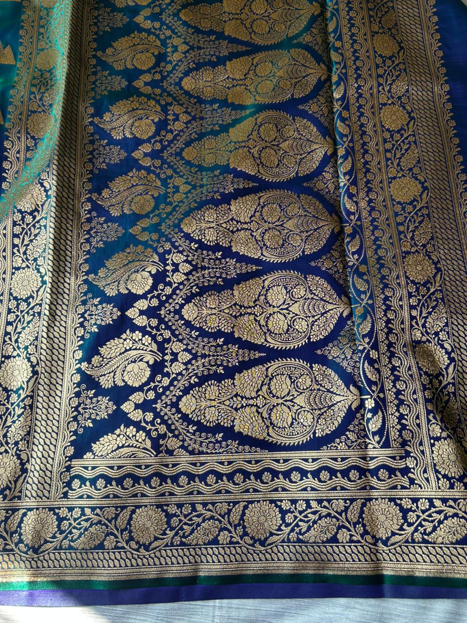 Morni Blue Dual Shade Satin Silk Saree with Geometrical Triangle Design | Peacock Blue Dhoop-Chaon Party Wear Saree