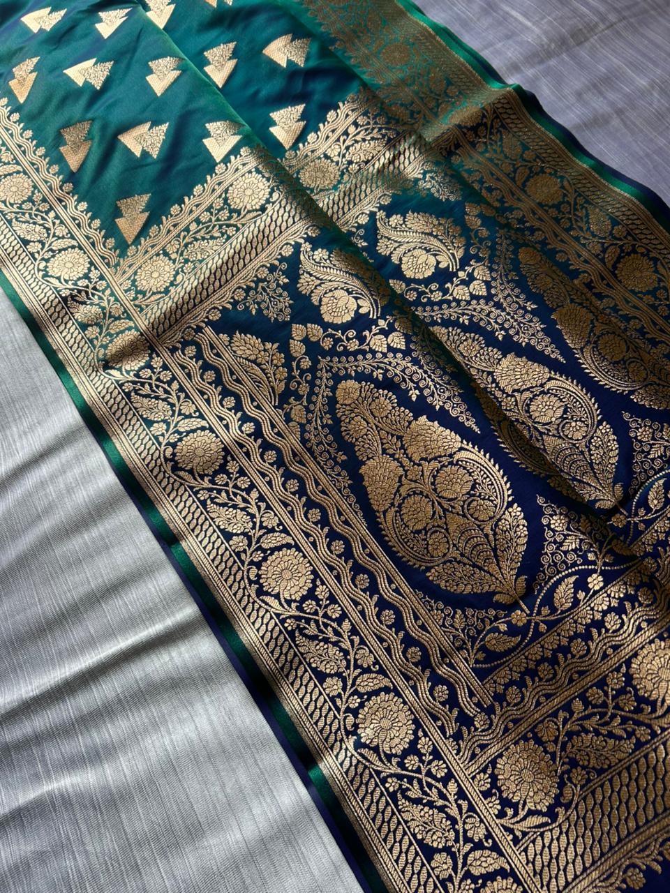 Morni Blue Dual Shade Satin Silk Saree with Geometrical Triangle Design | Peacock Blue Dhoop-Chaon Party Wear Saree