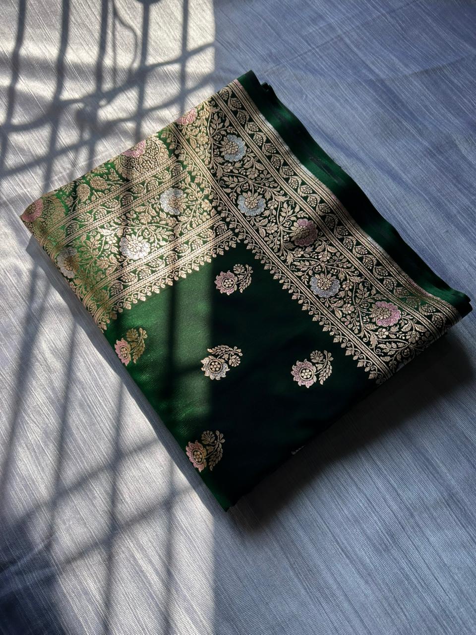 Bottle Green Tilfi Meenakari Butti Satin Silk Saree with Silver & Pastel Pink Zari Work | Premium Party Wear Banarasi Saree