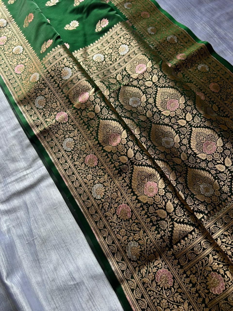Bottle Green Tilfi Meenakari Butti Satin Silk Saree with Silver & Pastel Pink Zari Work | Premium Party Wear Banarasi Saree