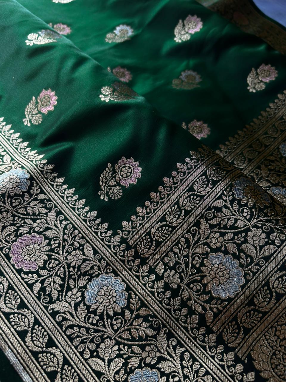 Bottle Green Tilfi Meenakari Butti Satin Silk Saree with Silver & Pastel Pink Zari Work | Premium Party Wear Banarasi Saree