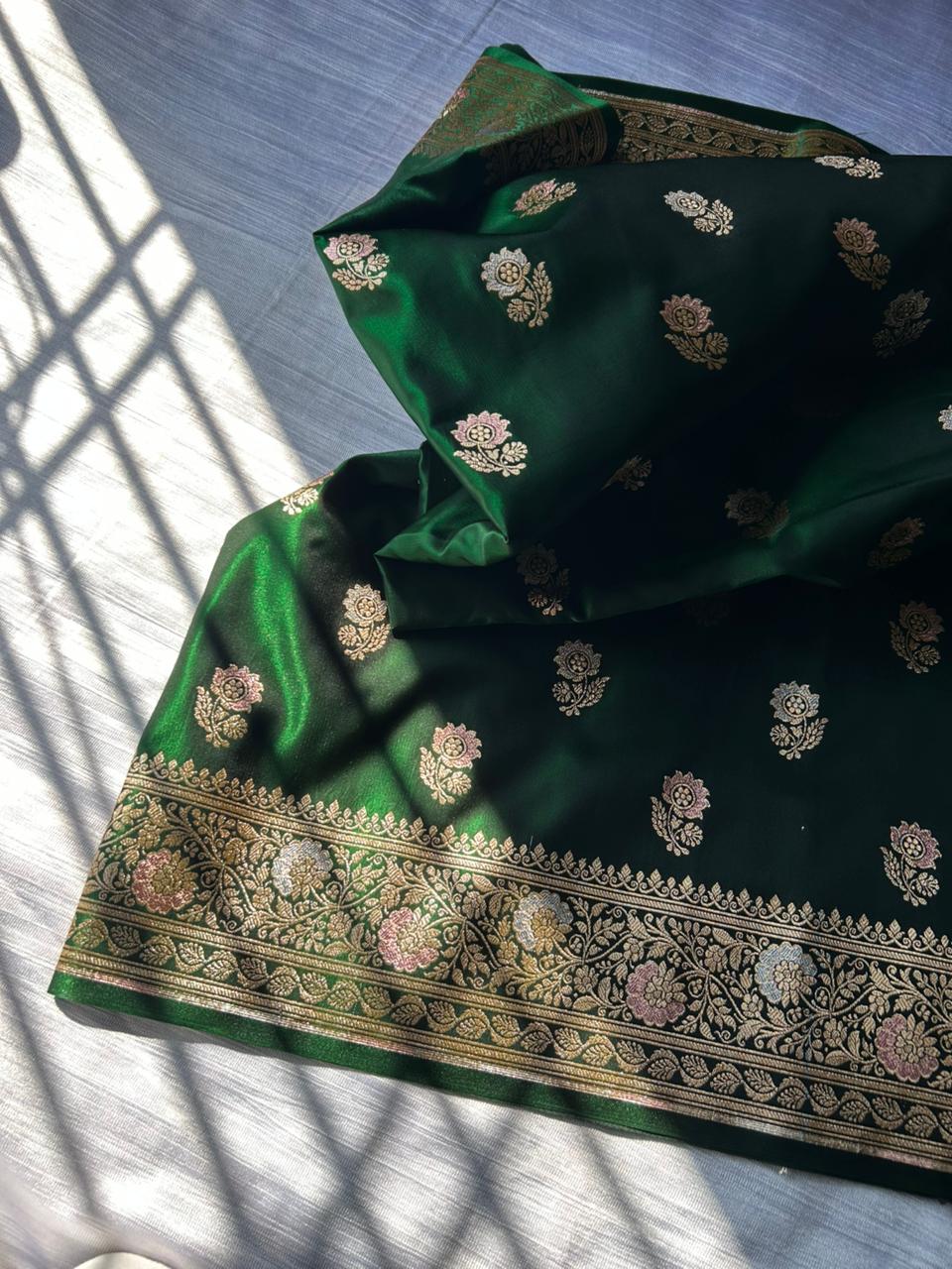 Bottle Green Tilfi Meenakari Butti Satin Silk Saree with Silver & Pastel Pink Zari Work | Premium Party Wear Banarasi Saree