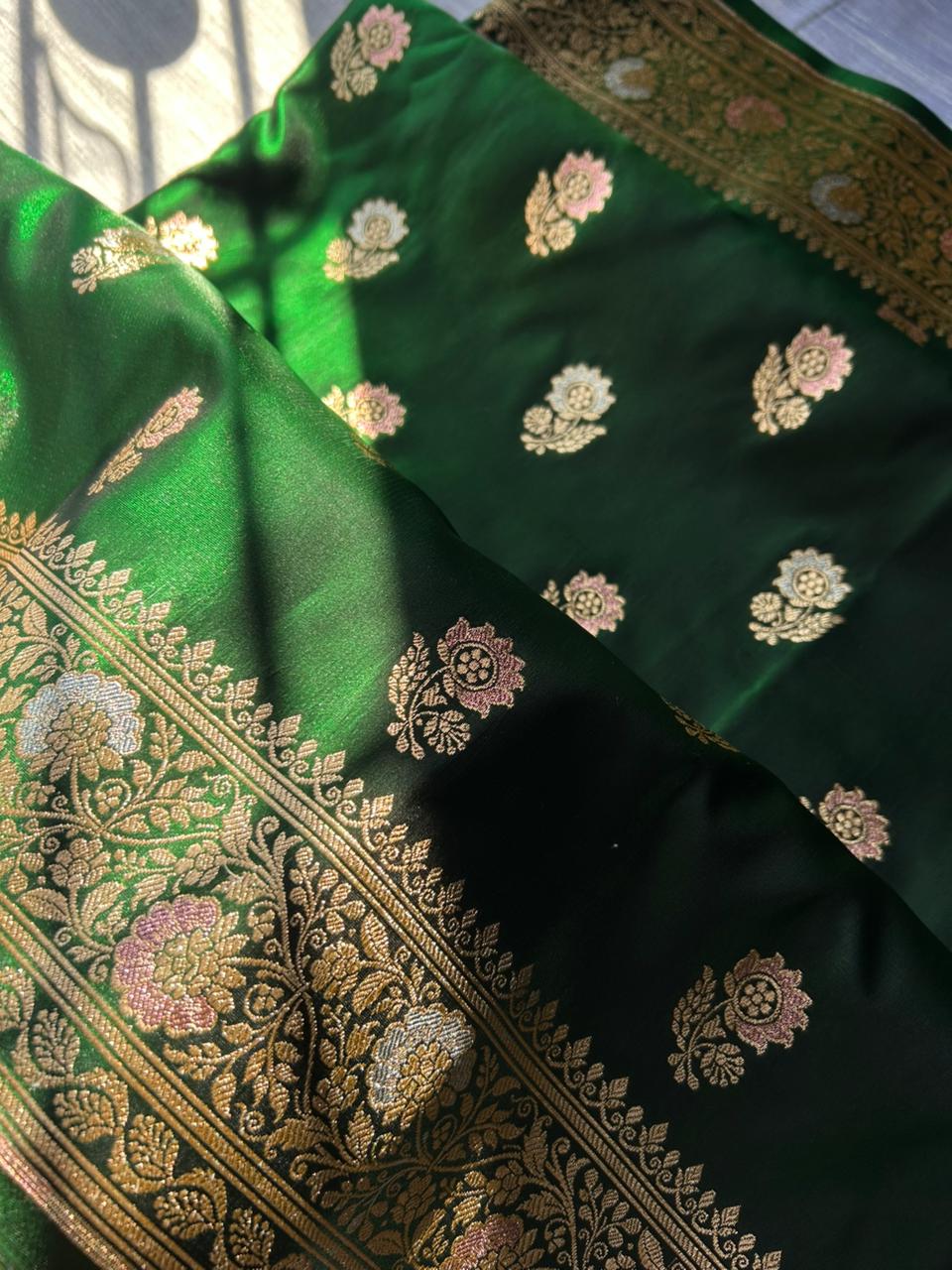 Bottle Green Tilfi Meenakari Butti Satin Silk Saree with Silver & Pastel Pink Zari Work | Premium Party Wear Banarasi Saree