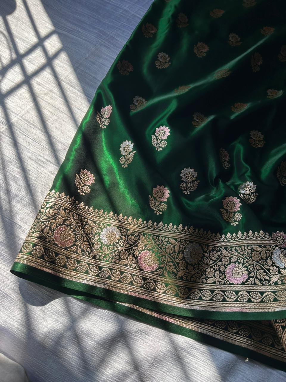 Bottle Green Tilfi Meenakari Butti Satin Silk Saree with Silver & Pastel Pink Zari Work | Premium Party Wear Banarasi Saree