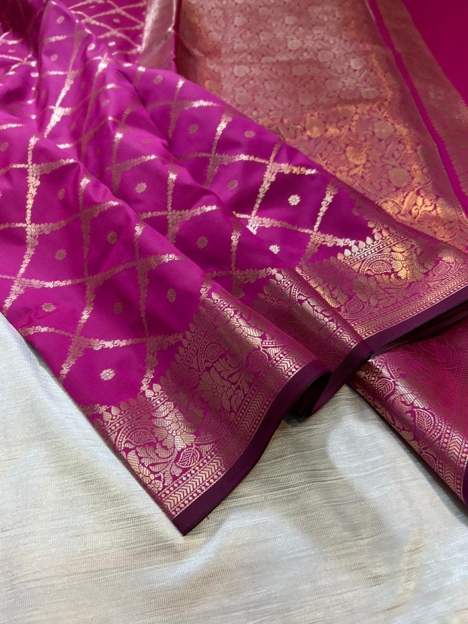 Maharani Pink Geometrical Jal Semi Katan Silk Banarasi Saree with Brocade Blouse | Lightweight Zari Woven Saree
