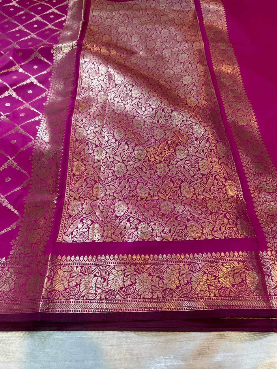 Maharani Pink Geometrical Jal Semi Katan Silk Banarasi Saree with Brocade Blouse | Lightweight Zari Woven Saree