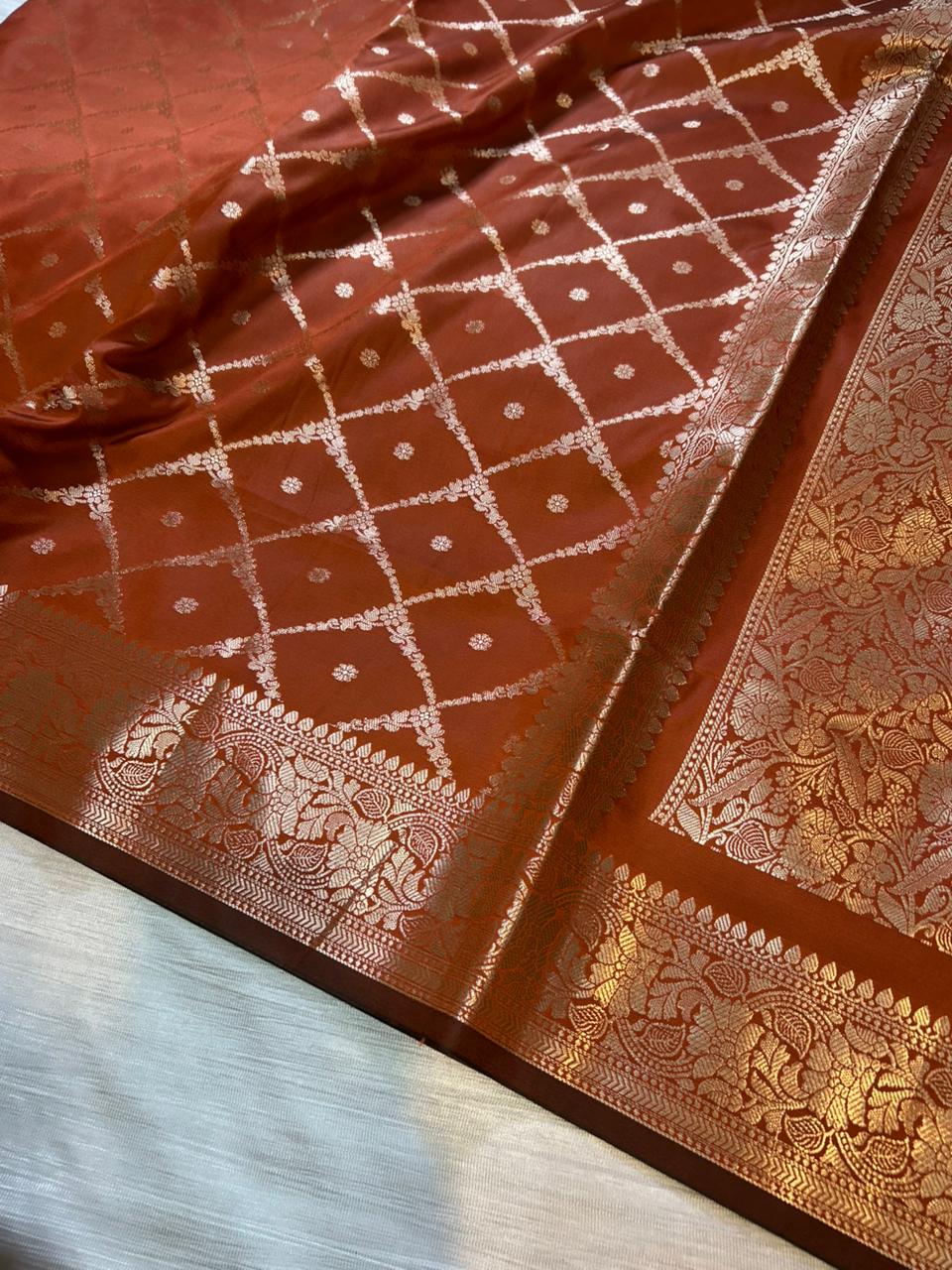 Rustic Orange Geometrical Jal Semi Katan Silk Banarasi Saree with Brocade Blouse | Lightweight Zari Woven Saree