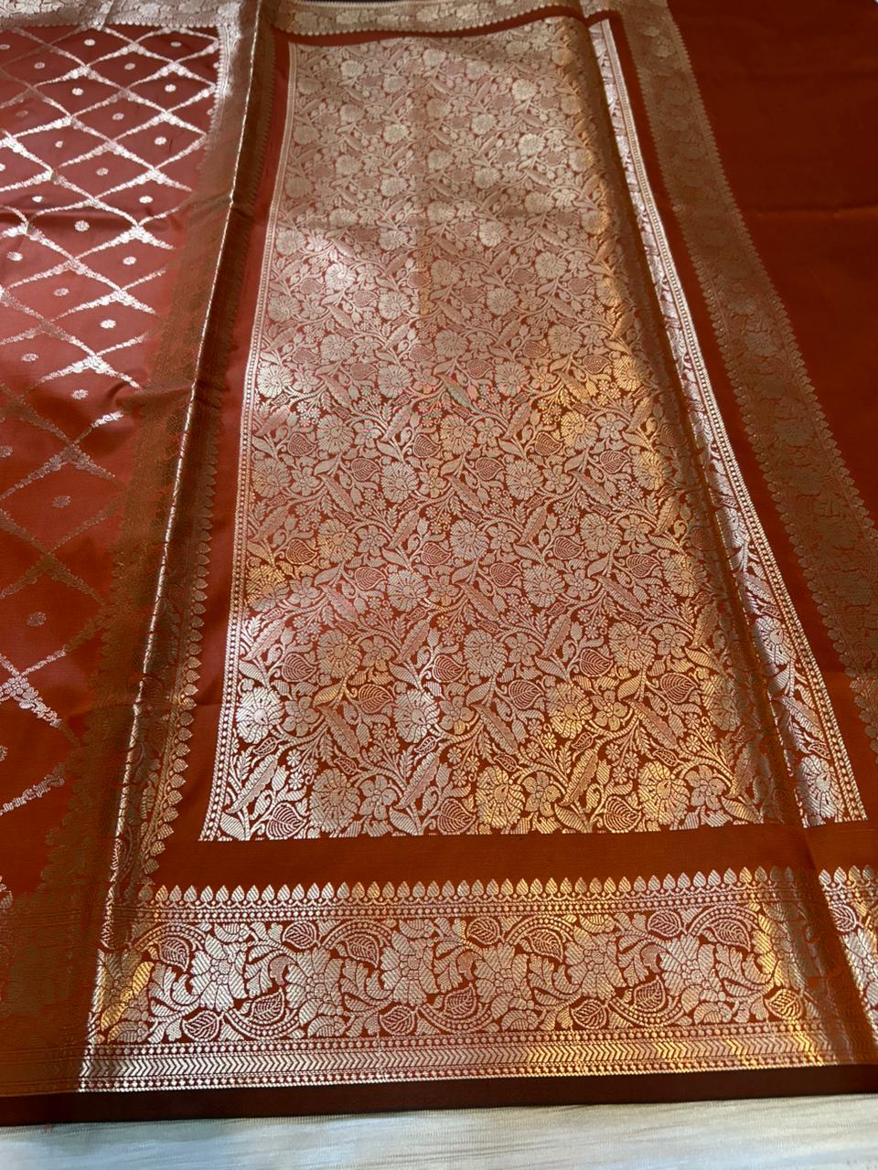 Rustic Orange Geometrical Jal Semi Katan Silk Banarasi Saree with Brocade Blouse | Lightweight Zari Woven Saree