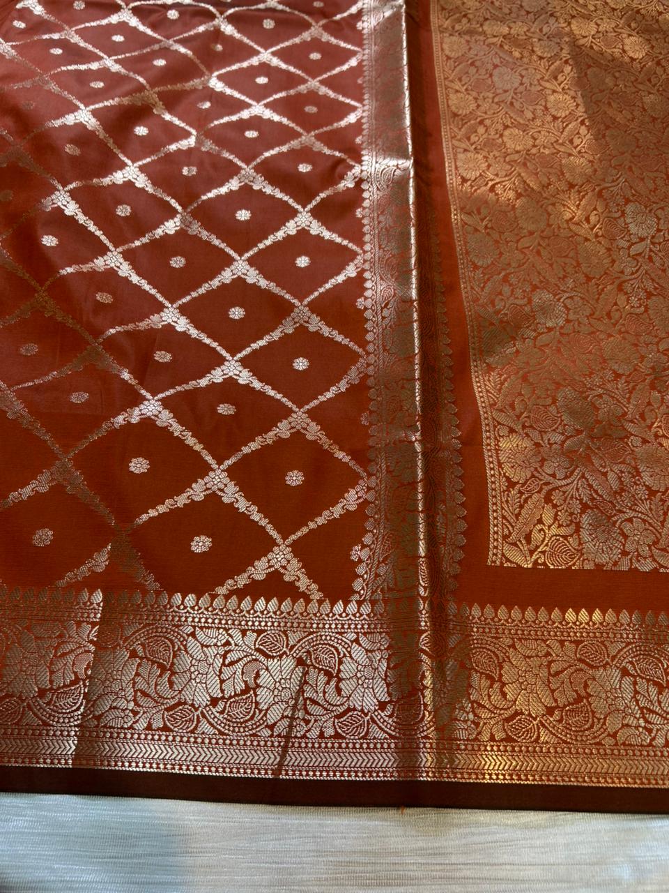 Rustic Orange Geometrical Jal Semi Katan Silk Banarasi Saree with Brocade Blouse | Lightweight Zari Woven Saree