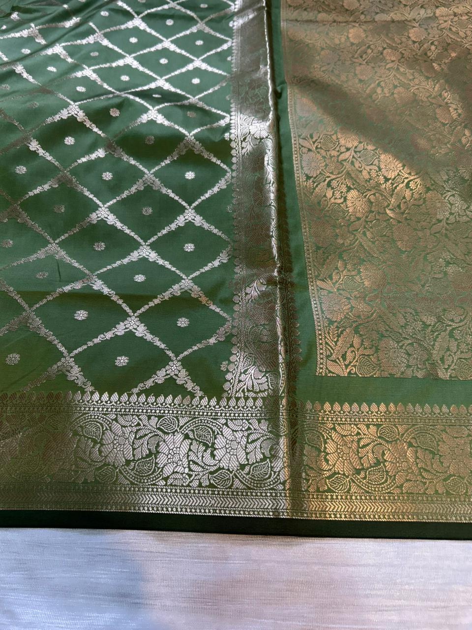 Pista Green Geometrical Jal Semi Katan Silk Banarasi Saree with Brocade Blouse | Lightweight Zari Woven Saree