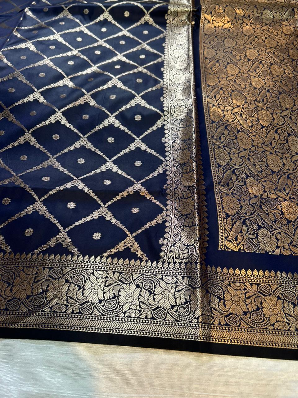 Dark Blue Geometrical Jal Semi Katan Silk Banarasi Saree with Brocade Blouse | Lightweight Zari Woven Saree