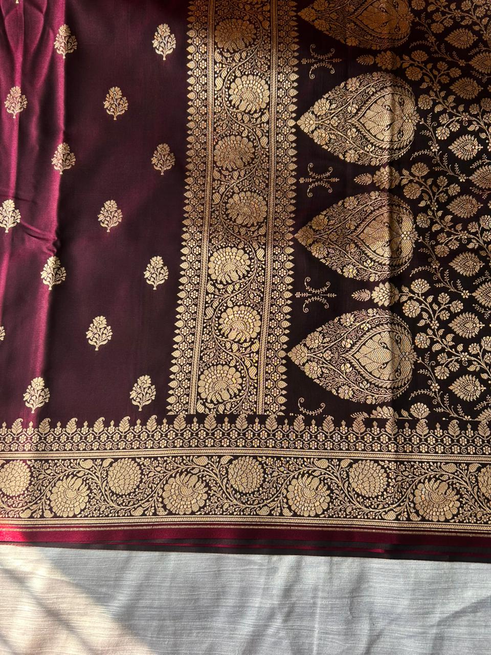 Wine Satin Silk Saree with Copper Zari | Soft Lightweight Party Wear Saree