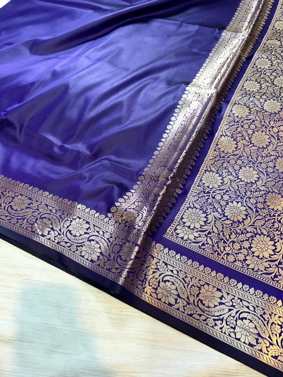 Navy Blue Plain Semi Katan Silk Banarasi Saree with Brocade Blouse | Lightweight Zari Woven Saree