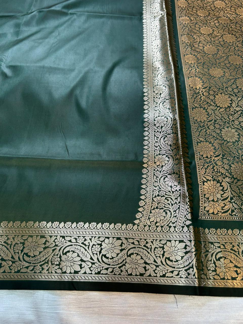 Army Green Semi Katan Silk Banarasi Saree with Brocade Blouse | Lightweight Golden Zari Woven Saree